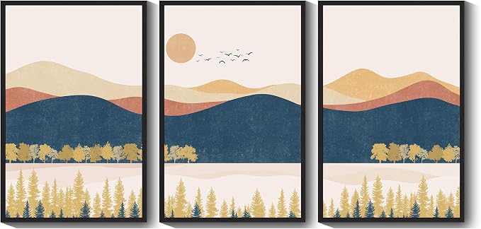 KUVIOKE Bohemain Mountain Landscape Framed Canvas Wall Art Watercolor Nature Artwork Painting Boho Farmhouse Rustic Room Decor for Bedroom Living Room 24x36in (Black Framed)