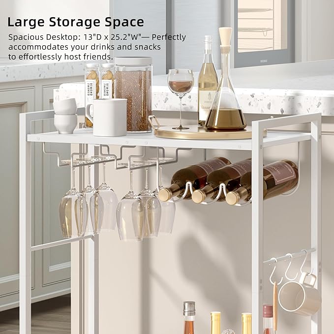 Bar Cart, Home Bar Serving Cart with 2-Tier Shelf,Rolling Beverage Cart with Wheels,Mobile Kitchen Shelf,Modern Wine Drink Cart with Wine Rack and Glass Holder for Kitchen,Dinning Room,White