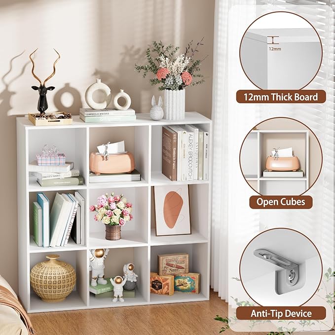 9 Cube Storage Organizer, Free Standing Display Shelf with Open Cubes, Floor Standing Book Shelf Bookcase with Storage for Home Office, Living Room, Bed Room (White, 9-Cube)