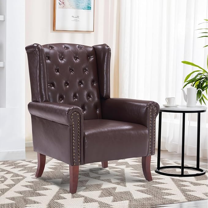 Modern Accent Chair Set of 2, Mid-Century Faux Leather Armchair Upholstered Club Sofa Chair with Wooden Legs, High Back Living Room Chair for Bedroom, Office, Lounge (Caramel)