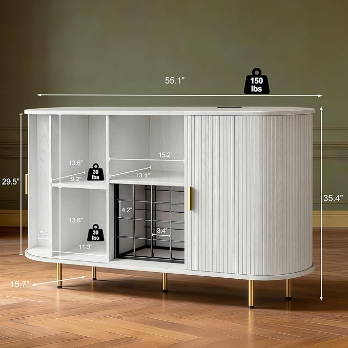 DHH 55" Wine Bar Cabinet with Storage, Fluted Liquor & Coffee Bar Cabinet with Wine Rack and Glass Holder, Buffet Sideboard with LED Lights for Home Kitchen Living Dining Room(White)