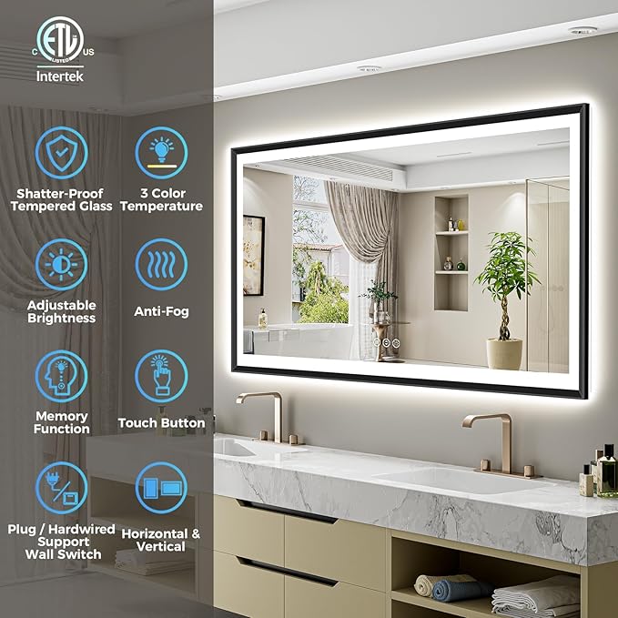 60x36 Black Framed LED Bathroom Mirror with Lights, Backlit and Front Light, Lighted Bathroom Vanity Mirror for Wall Dimmable Anti-Fog Memory Tempered Glass Horizontal/Vertical