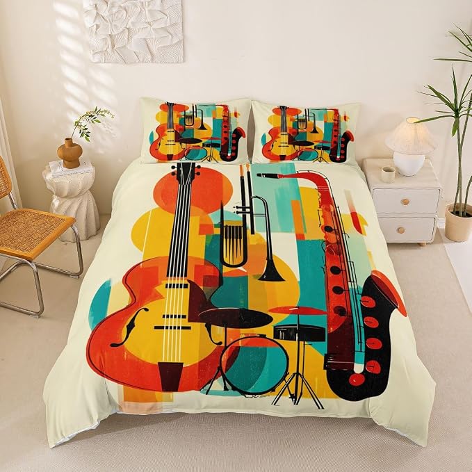 Erosebridal Retro Music Bedding Set Full for Kids Adults - Abstract Musical Instrument Duvet Cover Mid Century Modern Jazz Comforter Cover,Trendy Geometric Square Bed Set