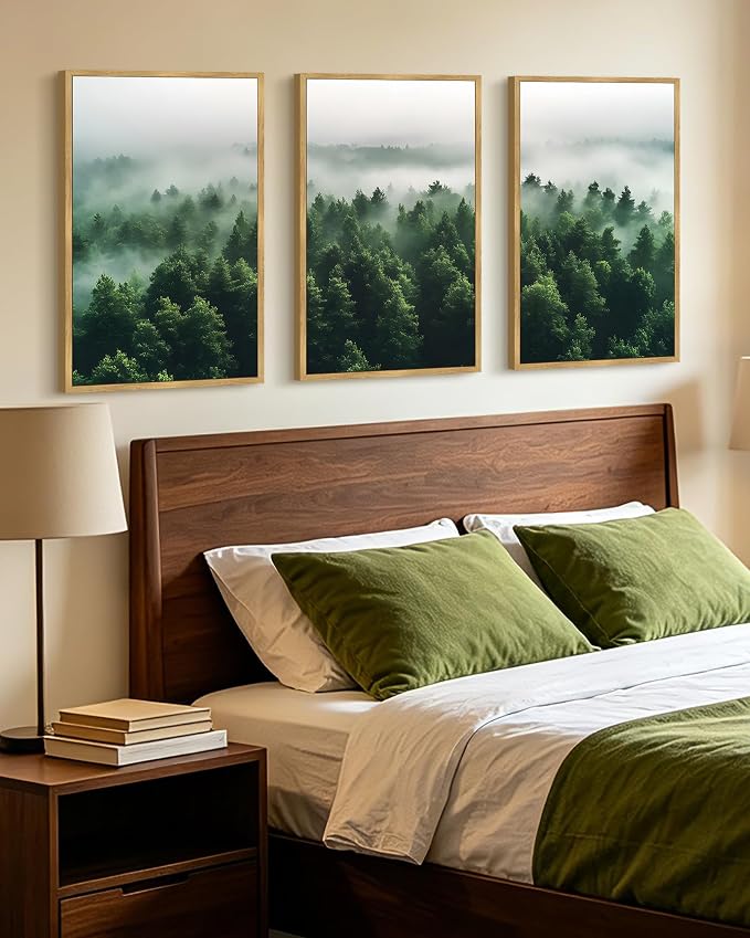 KUVIOKE Green Fog Pine Tree Framed Wall Art Nature Nordic Misty Forests Artwork Morden Painting Bedroom Decor 24x36in (Natural Framed)