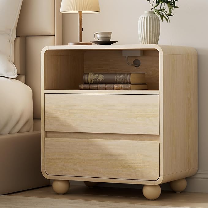 Lulive Wood Night Stand with Drawers, Modern Bedside End Table with Charging Station, Curved Profile Design Storage Nightstand for Bedroom, Natrual