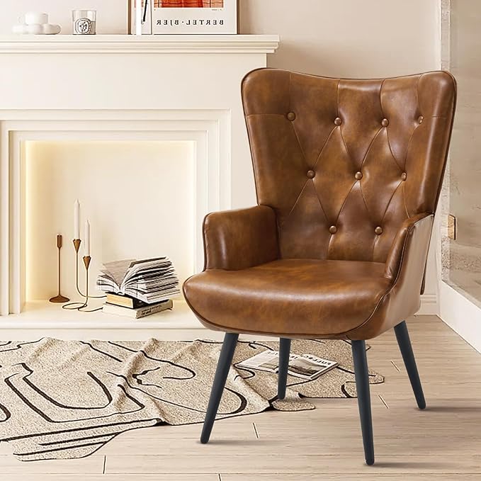Furnimart Faux Leather Accent Chair Mid Century Modern Living Room Chairs; Comfy Armchair Leisure Vanity Guest Wingback Chair for Office Study Vanity Bedroom Waiting Room PU Yellow Brown
