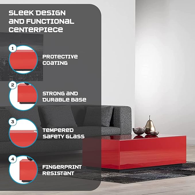 SONOROUS Premium Tempered Glass Coffee Table - Modern Red Rectangular Coffee Tables for Living Room - High Gloss Fingerprint Resistant Mid Century Design - Stylish Living Room Furniture & Décor