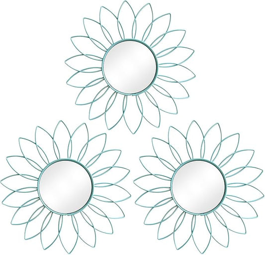 3 Pack Metal Mirrors for Wall Sunburst Wall Mirrors Home Décor Decorative Hanging Wall Art for Living Room Bedroom Entryway (Blue, Flowers)