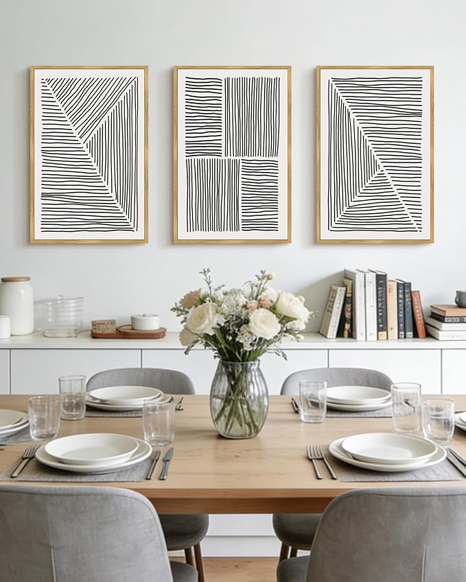 Drsoum Mid-Century Modern Framed Wall Art Large 16x24in Minimalist Abstract Boho Black Line Wall Decor Geometric Artwork Kitchen Dining Room Natural Framed