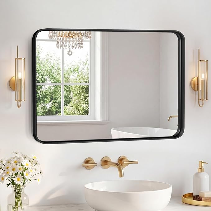 NEWBULIG 24X32 Inch Bathroom Mirror for Over Sink, Wall Vanity Mirrors Tempered Glass, Anti-Rust Metal Framed Rounded Rectangle, Hangs Horizontally or Vertically, Farmhouse Home Decor, Black