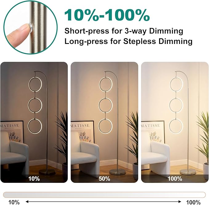 Bairth Silver 3-Light LED Floor Lamp, Modern Arc Floor Lamp for Living Room, Industrial Stepless Dimmable & 3-Way Dimmable Tall Arch Standing Floor Lamp for Reading, Bedroom, Office, Brushed Nickel