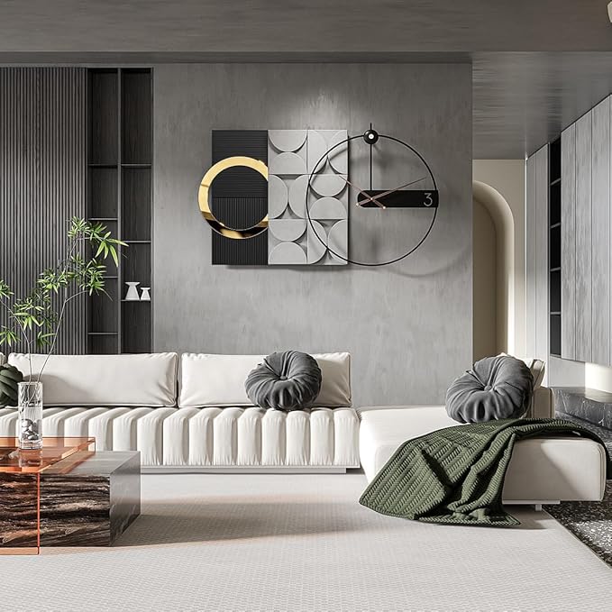 Large Decorative Wall Clock Silent Non-Ticking, Modern Metal Wall Clock Decor for Living Room Office Bedroom Kitchen (Black, 30"X18")