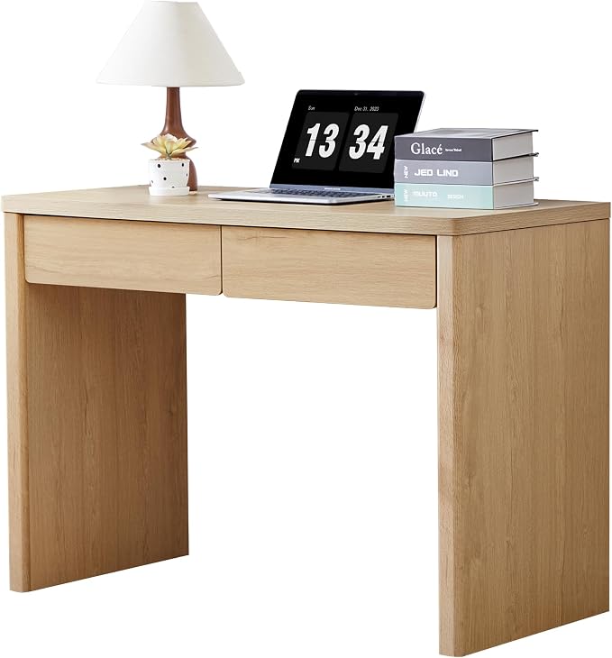 43 Inch Small Computer Desk with 2 Drawers, Mid Century Modern Writing Study Table for Home Office, Vintage PC Work Desk with Storage for Bedroom Small Spaces, Easy Assembly, MDF - Natural