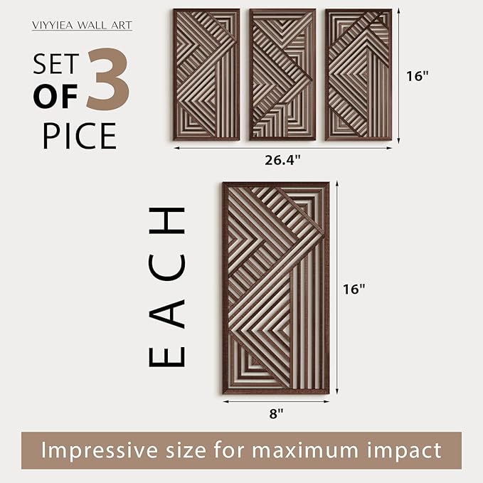 VIYYIEA Boho Solid Wood Carved Wall Art Set of 3, Geometric Minimalist Wooden Home Decor Panels, Handcrafted Solid Wood Wall Hanging for Living Room Bedroom Hallway, 16 x 8 Inch Each (Geometry II)