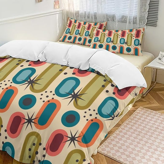 Colorful Aesthetic Comforter Cover Geometry Bed Set, Retro Atomic Duvet Cover，Modern Mid Century Bedding Sets，Aesthetic Abstract Art Bedding 3 Piece (1 Duvet Cover 102"x90" + 2 Pillow Sham 20"x30")