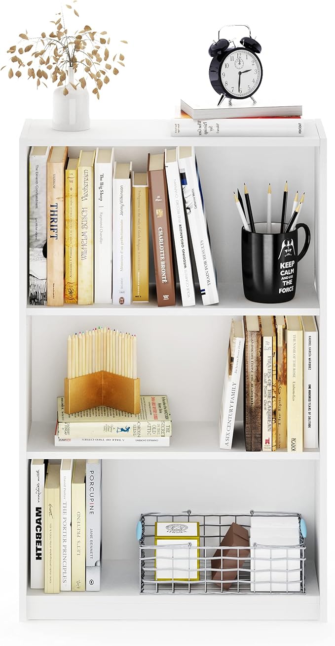 Furinno Jaya Book Shelf, 3-Tier Bookshelf, Standing Bookcase with Adjustable Shelves, 9.5 x 24.5 x 40.3, for Organization and Storage, for Living Room, Bedroom, Home Office, Plain White