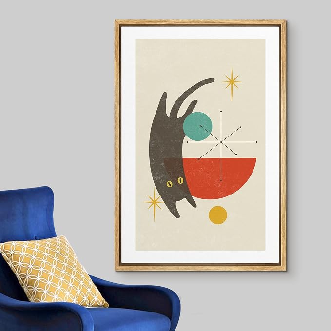 Woodrose Framed Canvas Print Wall Art Geometric Symbol Cartoon Black Cat Animals Shapes Illustrations Modern Minimalist Chic Relax/Calm Multicolor for Living Room, Bedroom, Office - 24"x36" Natural