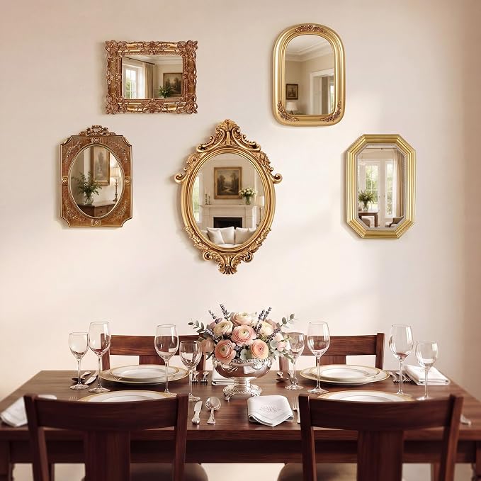 Wonderjune 5 Pcs Vintage Gold Mirror Set for Wall Decorative Resin Frame Ornate Antique Hanging and Tabletop Mirror for Home Dresser Gallery Decor Photography Props Gift (Baroque Style)