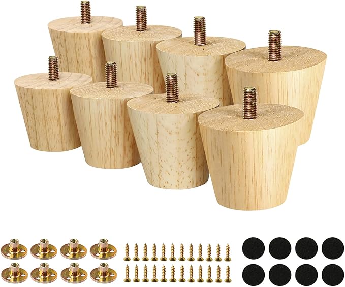FoDau770 Rubber Wood Furniture Legs 2 Inches, Straight Tapered Wood Feet Mid Century Sofa Legs Set of 8, 5/16" UNC Furniture Feet Replacement Parts for Cabinet Couch Dresser Chair Ottoman Table