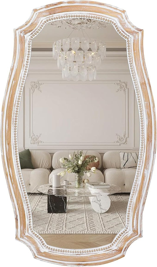 36x24 Inches Rustic Scalloped Wall Mirror, Baroque Irregular Curved Shape with Beaded, Distressed Wooden Decorative Hanging Mirror for Living Room, Bedroom, Entryway - Horizontal or Vertical