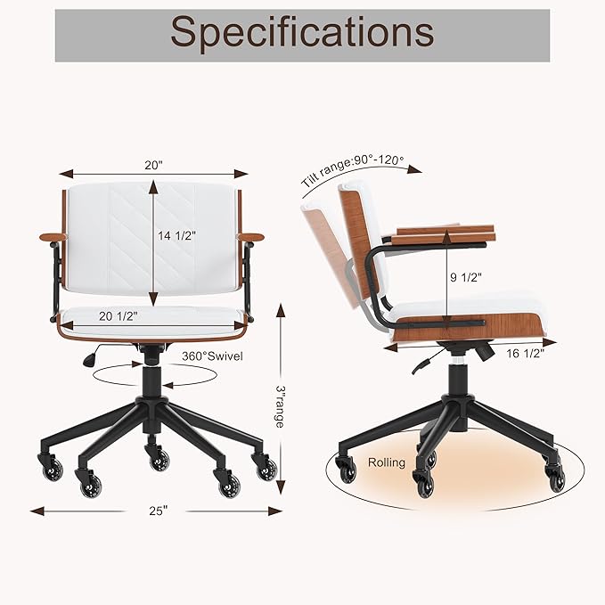 Ergonomic Office Chair with Rubber Wheels & Walnut Arms - PU Leather Mid-Back Desk Chair, Adjustable Height, Bentwood Backrest | Swivel Rocking Design for Home Office, Meeting Room, Study