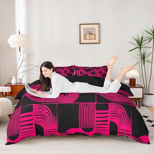 Bohemian Geometric Boys Duvet Cover King Size Mid Century Abstract Bedding Set 3 Piece Hot Pink Boho Ethnic Comforter Cover Modern Abstract Striped Bed Sets For Kids Teens Adult Men Bedroom Decor
