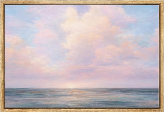 MUDECOR Framed Canvas Print Wall Art Serene Ocean Horizon with Soft Pink Clouds Illustrations Minimalism Decorative Bohemian Zen for Living Room, Bedroom, Office - 24"x36" NATURAL