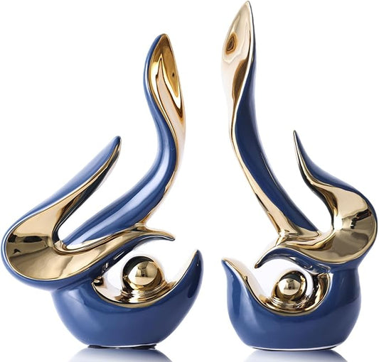 XMGZQ Mid Century Modern Abstract Art Home Decor Accent,Porcelain Statues for Living Room Coffee Table Centerpieces for Dining Room,Ceramic Sculptures and Gold Knick Knacks for TV Stand Decor (Blue)