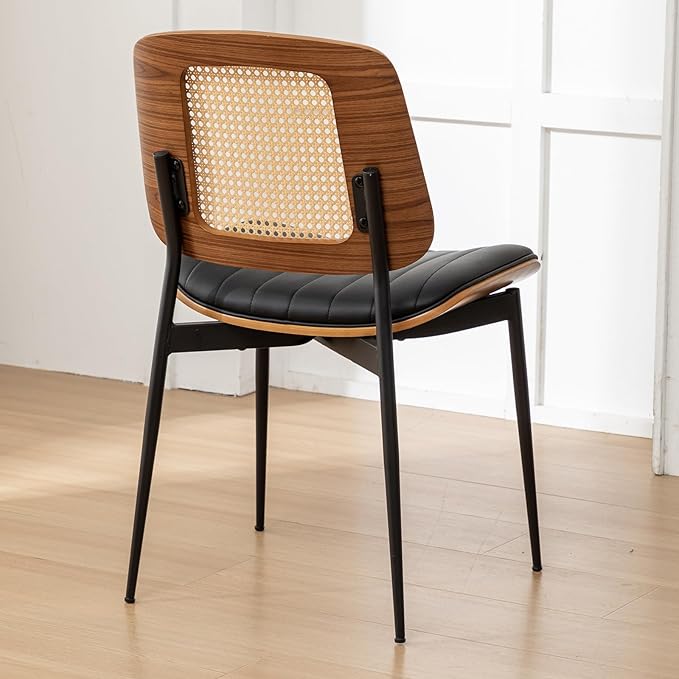 Rattan Dining Room Chairs Set of 2, Mid Century Modern Kitchen Ktichen Chairs,Faux Leather Walnut Wood Finish Side Chair, Metal Legs Desk Chair with Rattan Backrest,Black