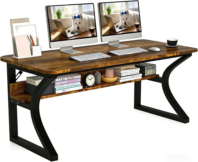 47 X 23.6'' Computer Desk, Home Office Desks w/Shelf Storage, Computer Desk w/Metal Frame, Cable Management, Study Student Desk Writing Work Table Deeper & Thicker Desktop for Home Bedroom