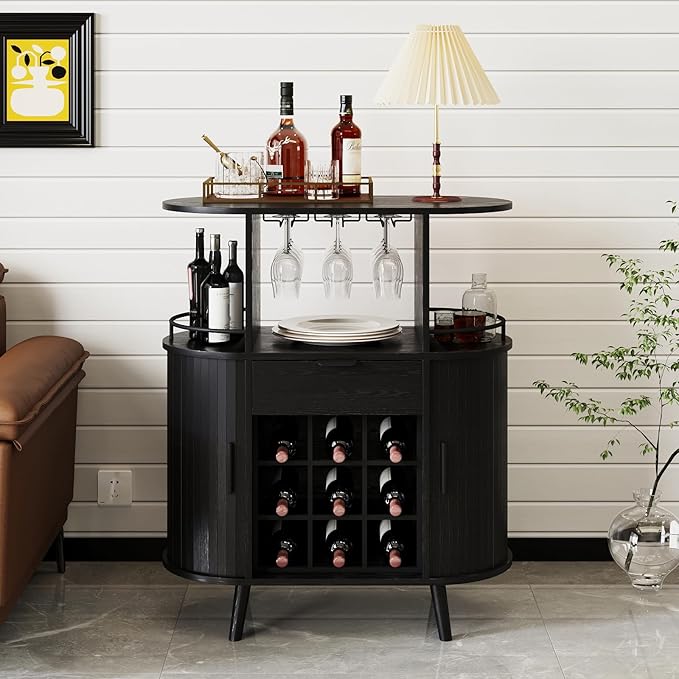 Wine Bar Storage Cabinet, Coffee bar Cabinet for Liquor with Open Wine Rack & Sliding Doors, Modern Home Bar for Living Room, Kitchen, Dining Room（Black