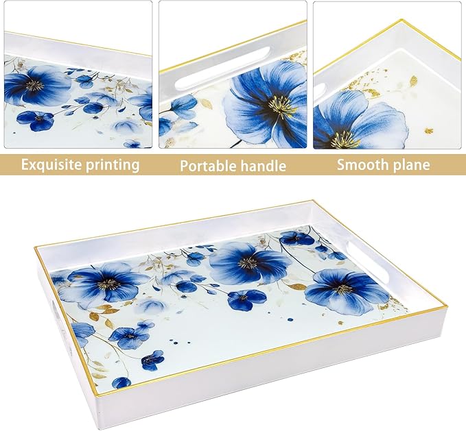 Serving Tray with Handles, 15.7 * 11.8 inches, Plastic Ottoman Tray with Exquisite Paintings, Trays for Coffee Table