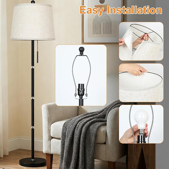 【Upgraded】 Modern Black Floor Lamp 63in Standing Lamp for Living Room Bedroom Office 3 Way Brightness Dimmable Tall Pole Light with Beige Linen Shade Metal Shade 8W 3000K LED Bulb Included
