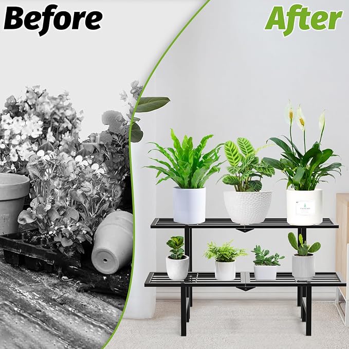 2 Tier Plant Stand Outdoor Indoor, Separated Tiered Folding Metal Plant Shelf Multiple Plant Holder Ladder Display Rack for Corner Garden Balcony Patio Porch, Easy Assembly (Black)