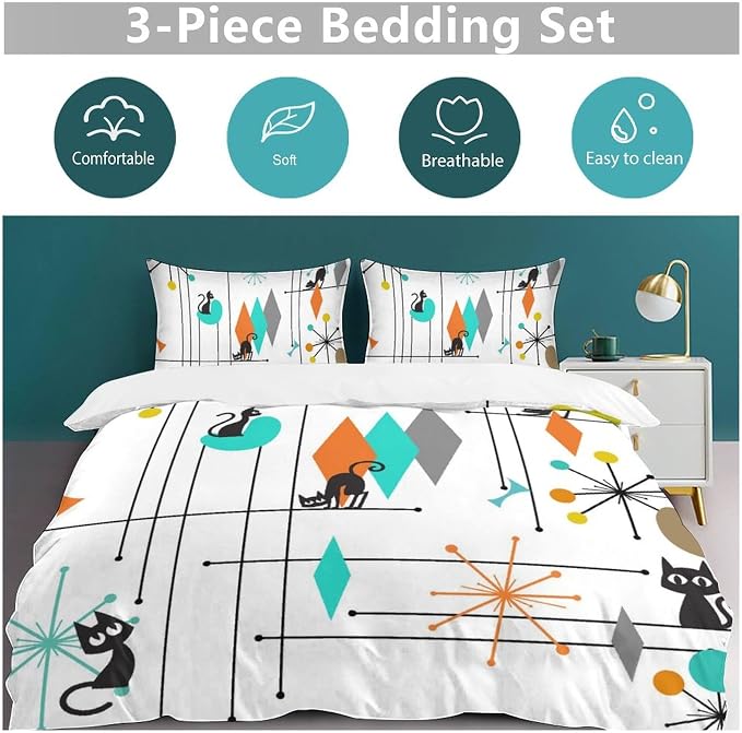 Mid Century Duvet Cover Sets Vintage Black Cat Modern Style Printed Lightweight Soft Quilt Cover Abstract Geometric Minimalist Soft Microfiber 3 Piece (1 Duvet Cover 68x86in + 2 Pillow Sham 20x30in)