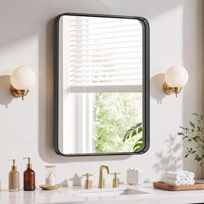 Bathroom Mirror 30x22 Inch Black Metal Frame Rectangle Vanity Mirror with Rounded Corners, Modern Wall Mounted Anti-Rust Mirror for Farmhouse, Restroom, Entryway, Horizontal or Vertical Hanging
