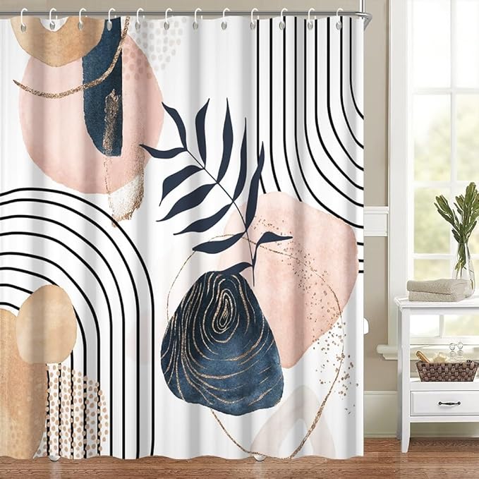 Modern Bohemia Shower Curtain for Bathroom Abstract Minimalist Bathroom Set Decor Stripes Palm Leaves Chic Aesthetic Washable Waterproof Polyester Fabric with Hooks 70x72 Inch