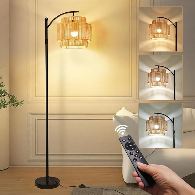 Vinaco Adjustable Height Floor Lamp Rattan 3 Color Temperature,Dimmable Tall Boho Floor Lamps with Remote & Foot Switch, Rotating Lamp Shade Wicker Arc Standing Lamp for Living Room Bedroom Lights