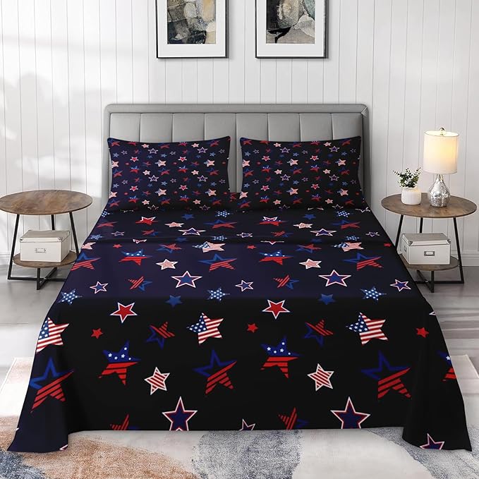 Pamnest Twin Size Bed Sheet Sets, American Flag Patriotic Soft Microfiber 3 Pcs Bedding Sets for Kids and Adults Bedroom Bed Decor, 4Th July Fourth Flat, Fitted Sheet and Pillowcases