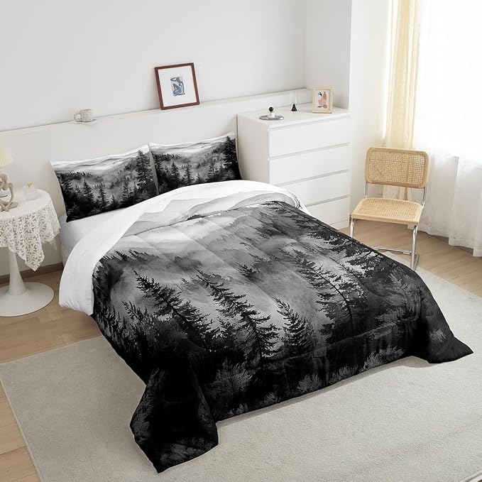 Erosebridal Black White Misty Forest Toddler Bedding Set Jungle Smoky Mountain Comforter Set Nature Foggy Pine Tree Down Comforter for Kids Teens Rustic Nature Woodland Bed Set Bedroom Decor
