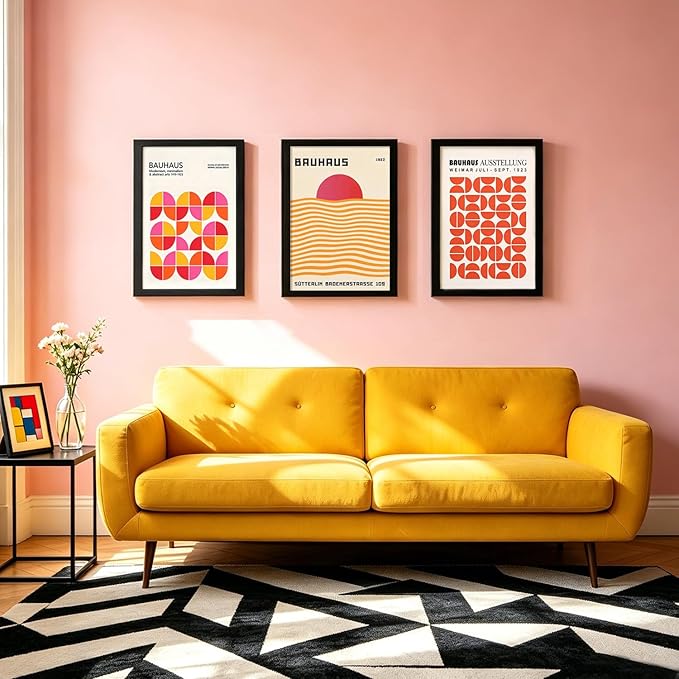 LIANGKESU Black Framed Bauhaus Wall Art Set of 3 12x16 Inch Mid Century Modern Orange Pink Geometric Canvas Prints Minimalist Retro Sunset Artwork for Living Room Bedroom Office Decor
