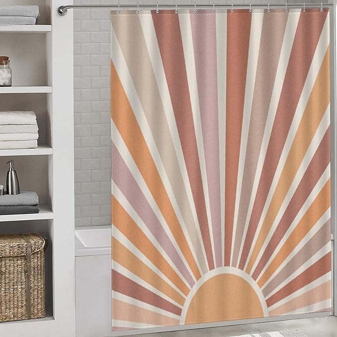 Boho Sun Shower Curtain, Mid Century Abstract Pastel Sunrise Sunset Modern Geometric Colorful Minimalist Art Print 70s Orange Waterproof Fabric Bathroom Shower Curtain Set with Hooks, 72"x72" Inch