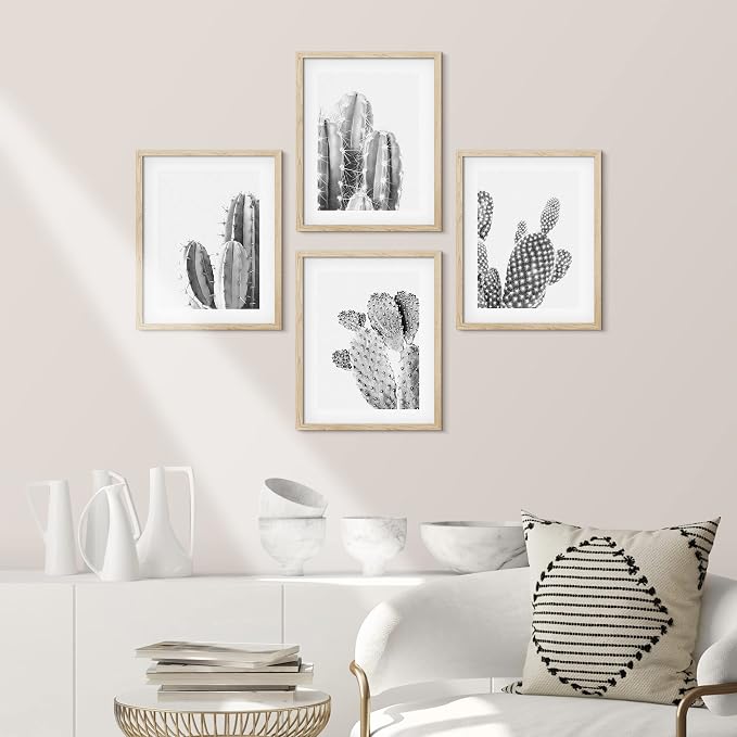 SIGNWIN Framed Black & White Saguaro Southwest Desert Tropical Cactus Wall Art, Set of 4 Floral Botanical Wall Decor Prints, Nature Wilderness Wall Décor for Living Room, Bedroom - 8"x10" Natural
