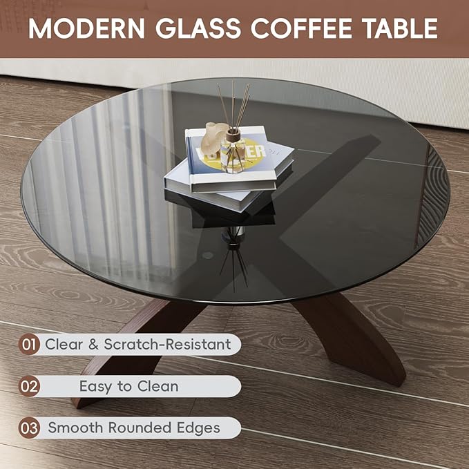 Honyee Glass Coffee Table, 30.7” Round Coffee Table with Tempered Glass Top, Walnut Wood X-Shaped Base, Stable Modern Center Table for Living Room, Apartment and Small Spaces