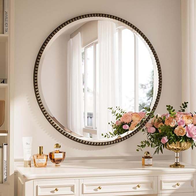 28 Inch Round Bathroom Mirror - Luxurious Retro Beaded Circle Decorative Wall Mirror with PU Frame Hanging Leaning as Art Decor for Entryway, Bedroom, Living Room, Hallway, Bronze