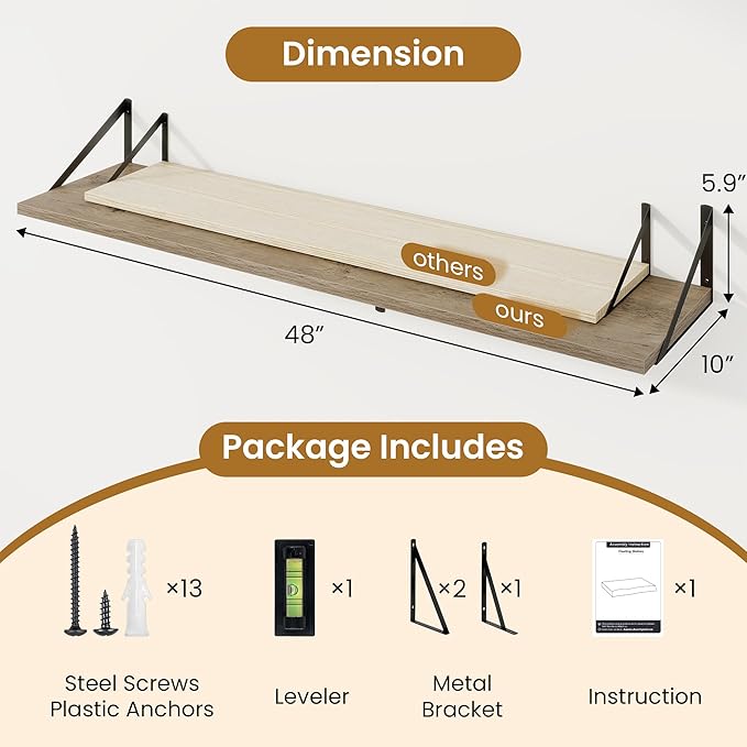 48inch Floating Shelves for Wall,10" Deep Floating Shelves with Metal Brackets,Wall Mounted Hanging Floating Shelf,Wide Display Shelves for Living Room,Bedroom,Office,Kitchen,Grey