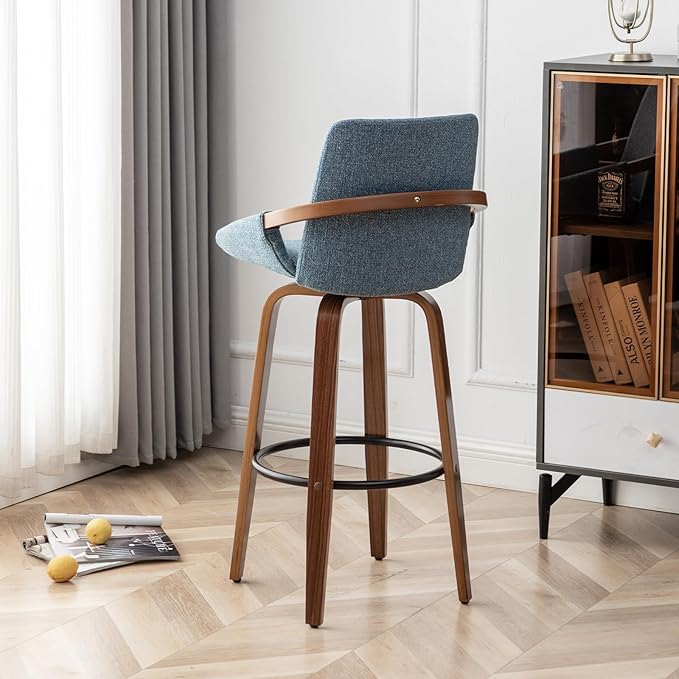 LUNLING 29.5" Bar Height Bar Stools Set of 2,Mid Century Modern Retro Bar Chairs Charcoal Blue Linen Look Fabric Upholstered and Walnut Wood Frame Barstools for Home Bar Furniture(Blue)