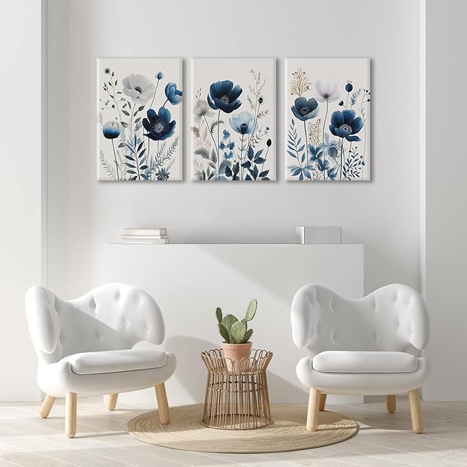BingruiArt Navy Blue Canvas Wall Art Blue and Gray Boho Flower Wall Decor Floral Watercolor Art Prints Pictures Painting for Living Room Bedroom Bathroom 3Pcs 16x24in Framed