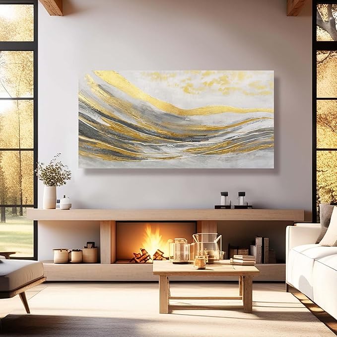 Artexist Abstract Line Wall Art Prints, Gold & Grey, 24"x48" Large Canvas Wall Pictures for Living Room, Bedroom, Office Decor