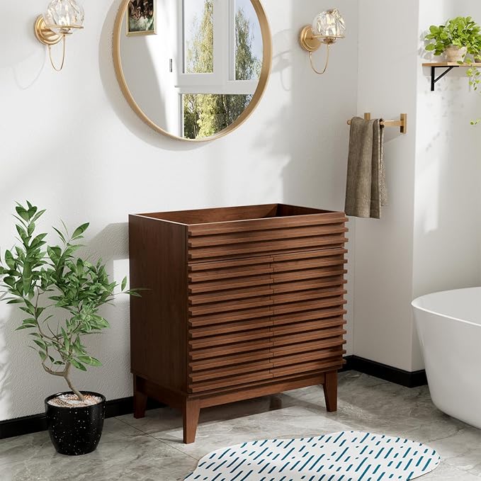 ROOMTEC 30" Bathroom Vanity, Mid-Century Freestanding Bathroom Vanity Cabinet with Storage, Particleboard Frame with Wood Grain Laminate, Walnut (Sink Basin Not Included)